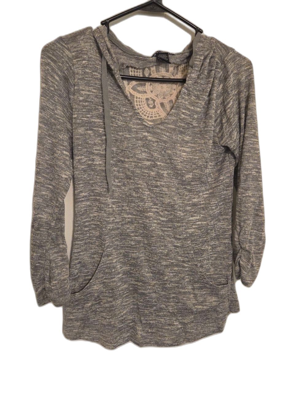 Miss Chievous Heather Gray Hooded Knit Top with Lace Inset